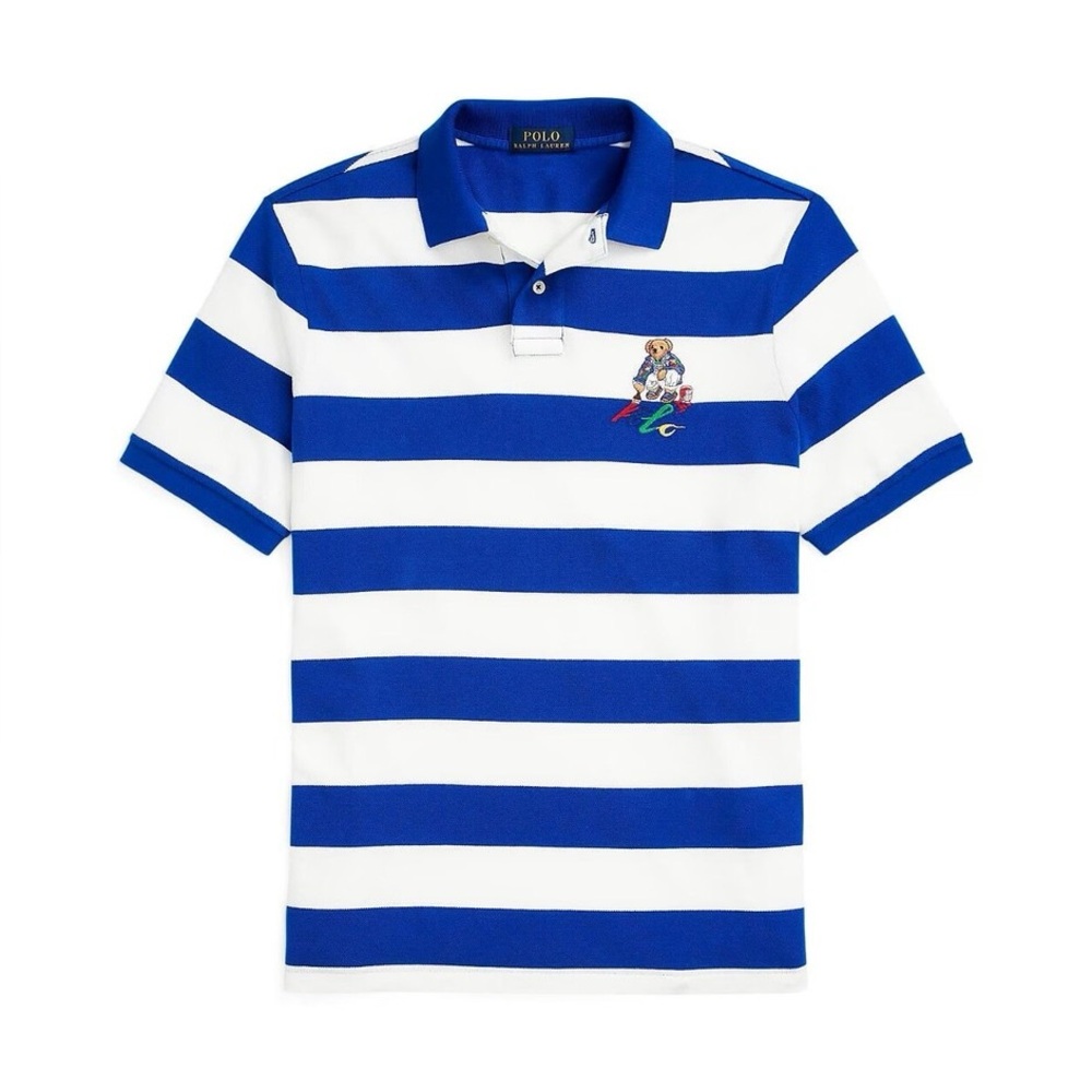 Men Ralph Lauren Polo Classic Fit Mesh Bear Paint Polo Striped Shirt Blue White